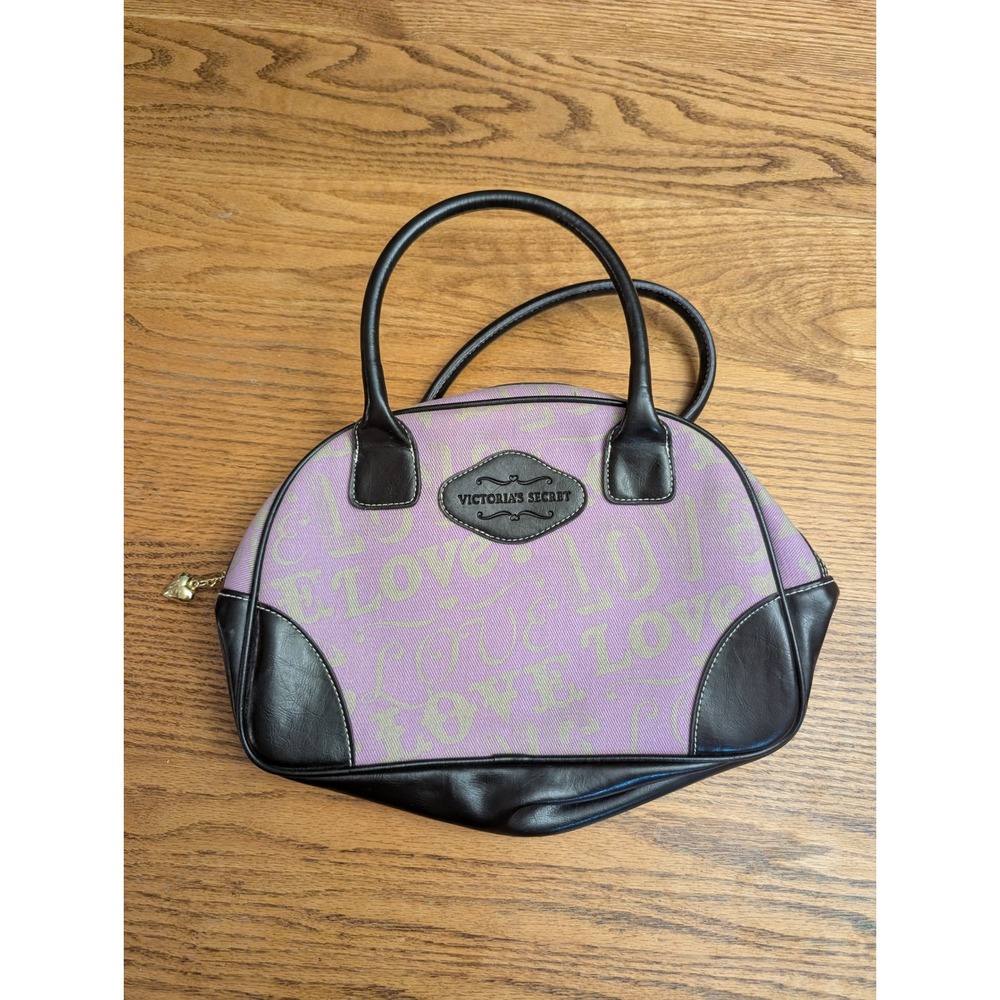 Victorias Secret Love Print Bowler Bag Lavender Purple Black Trim Y2K Satchel